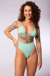 TOP TRIÁNGULO LUREX TURQUESA